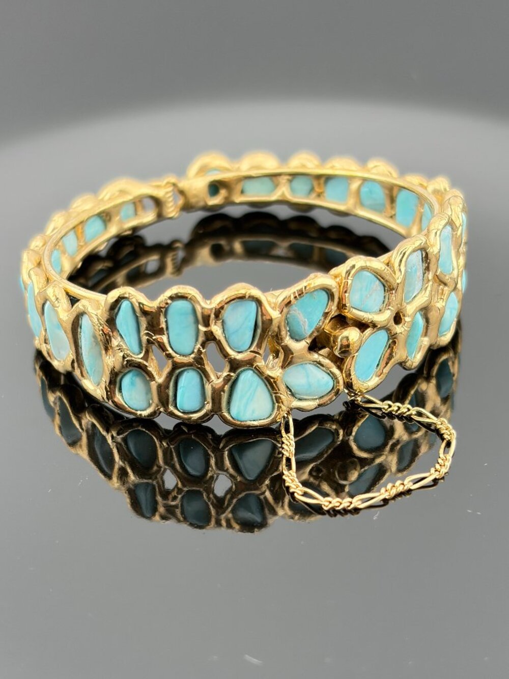 Vtg Mexico Rough Cut Turquoise Gold Over Sterling Silver Hinged Bangle Bracelet